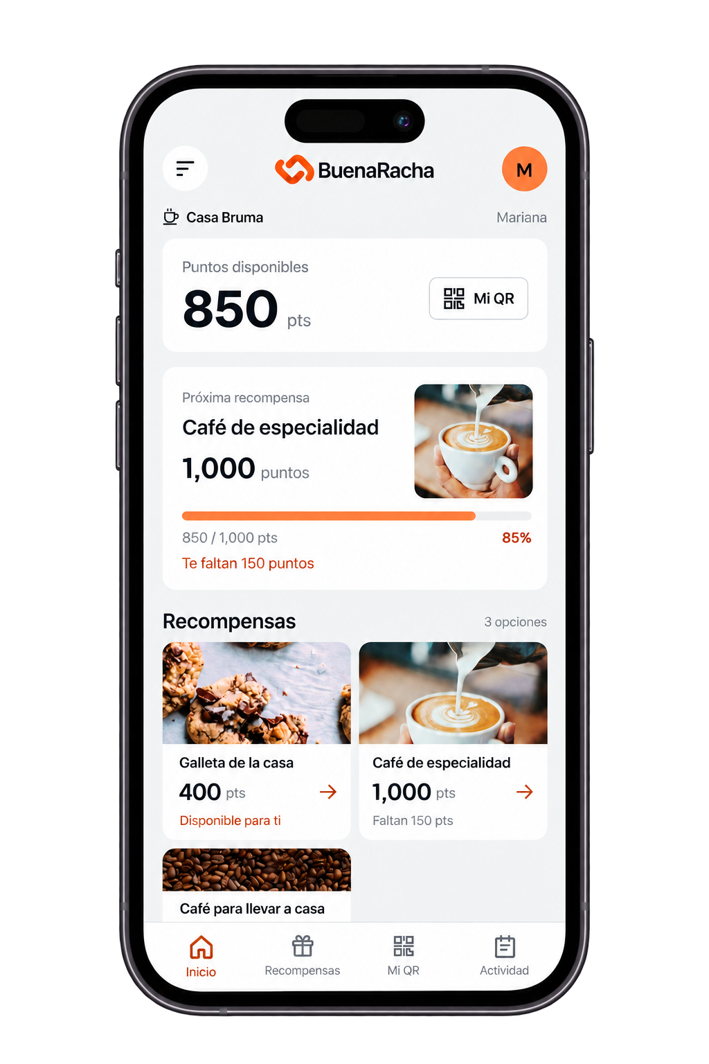 Pantalla de puntos acumulados en la app BuenaRacha