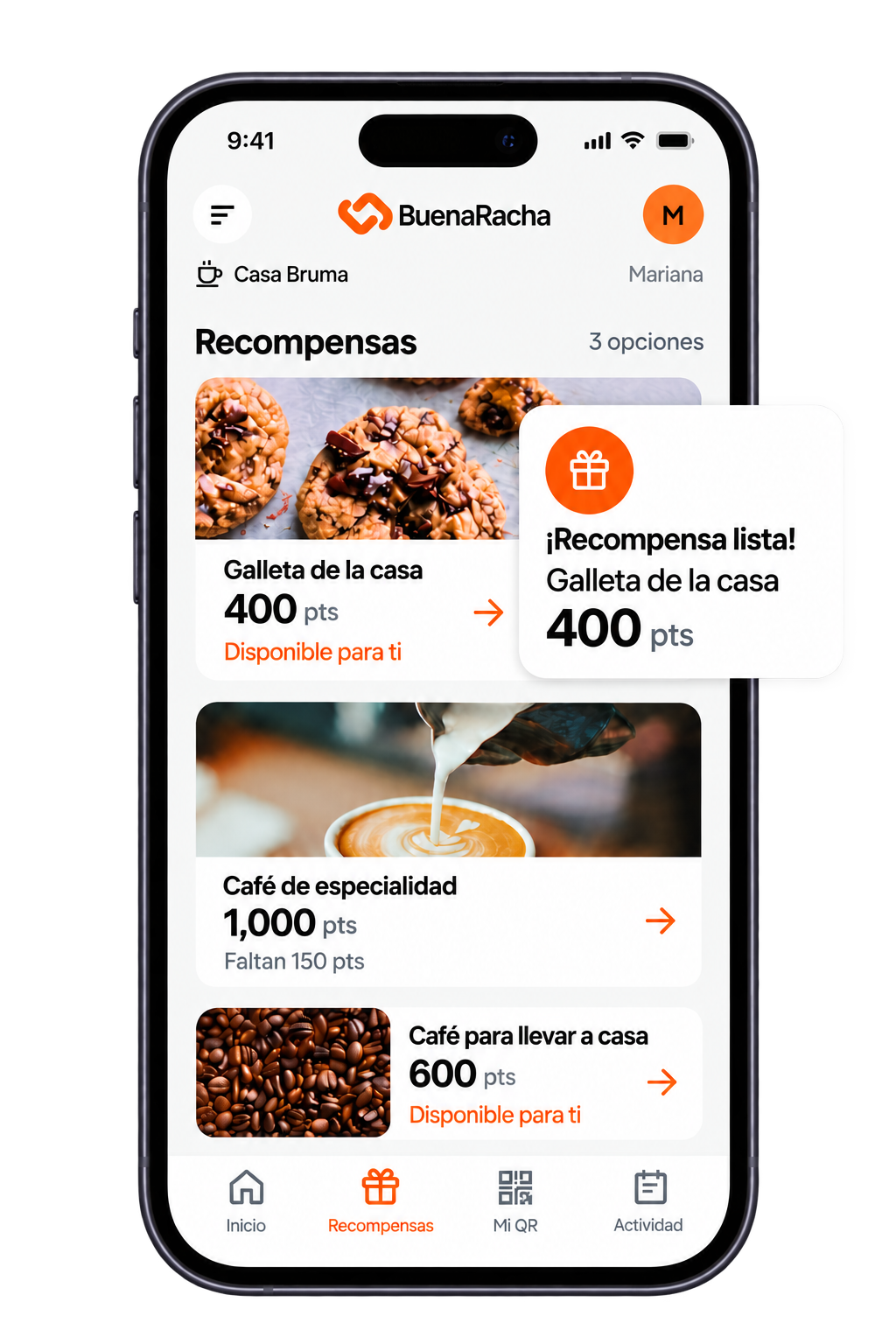 Pantalla de recompensas disponibles en la app BuenaRacha