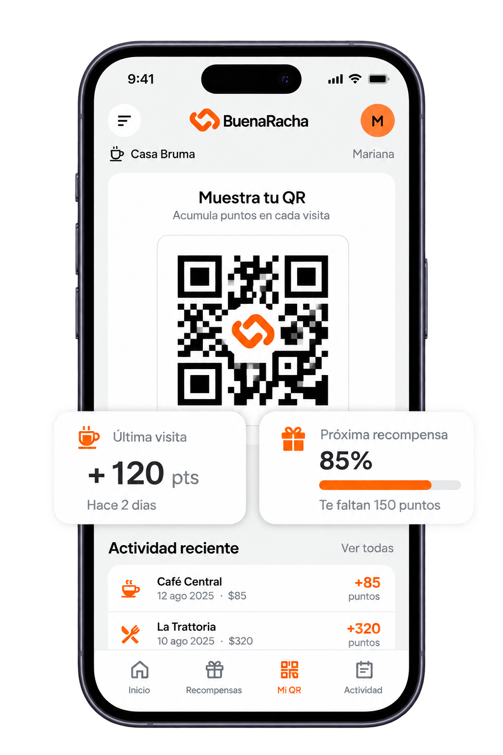Pantalla del código QR personal en la app BuenaRacha