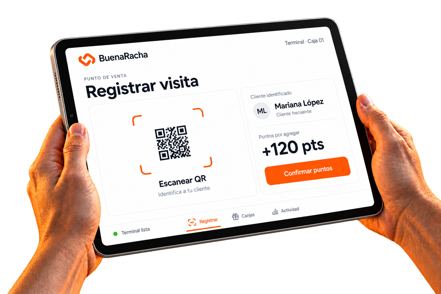 Terminal de BuenaRacha en una tablet para escanear el QR de un cliente y registrar sus puntos